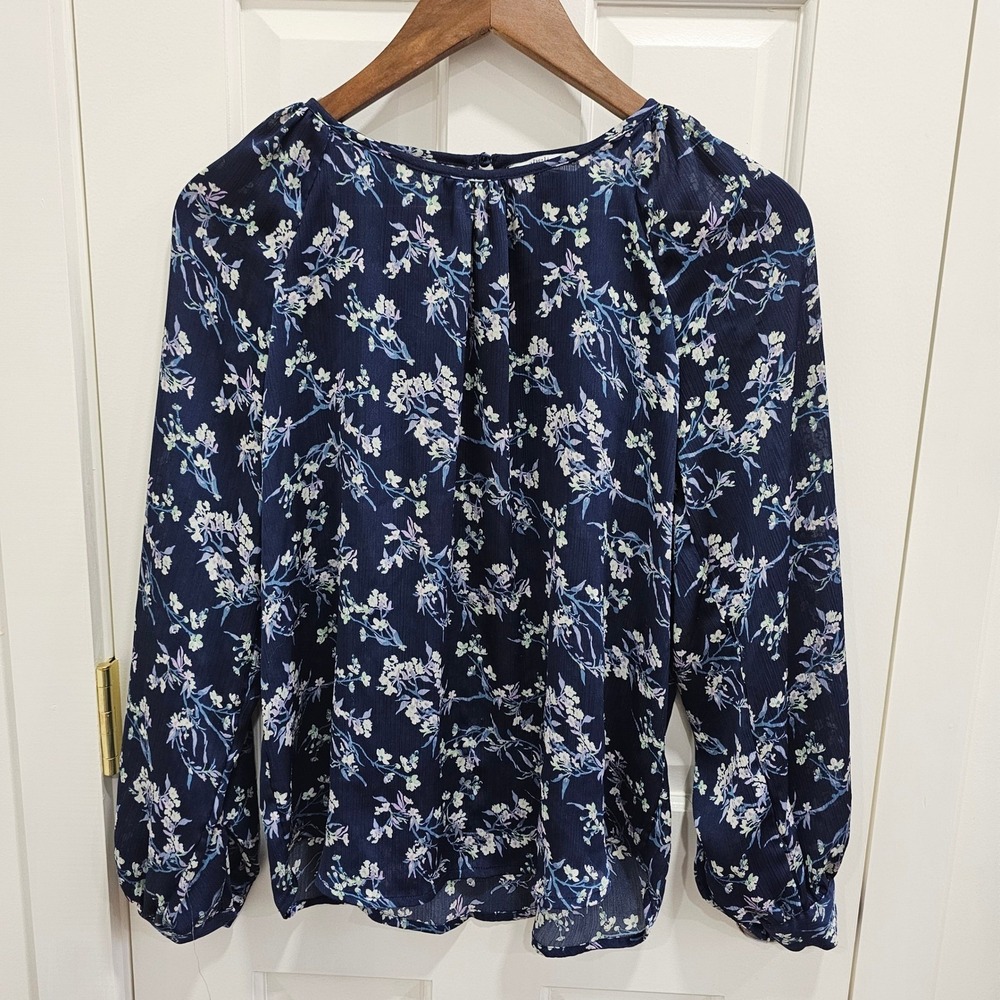 Ophelia Roe Floral Print Blouse Top Small Long Sleeve Navy Blue Casual